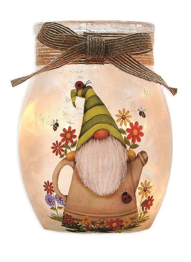 Gnomes in Flowers LadyBug Pre - Lit Small Jar - DiFranz GiftsLighted VaseStony Creek