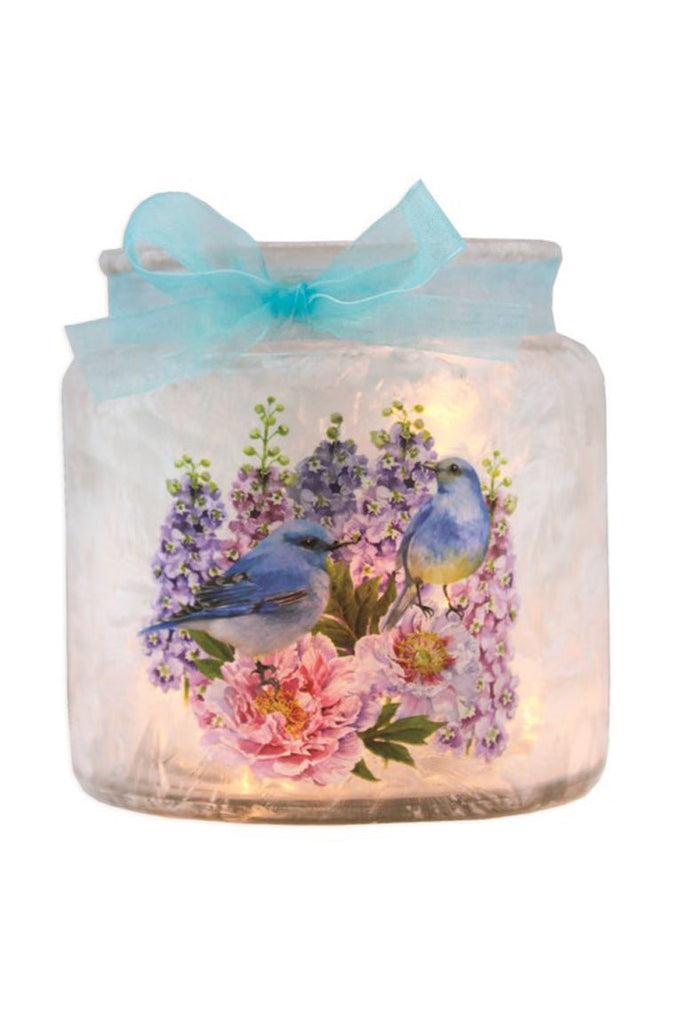 Stony Creek Bluebird with Pink Roses Pre - Lit Jar w/ Ribbon - DiFranz GiftsLighted VaseStony Creek